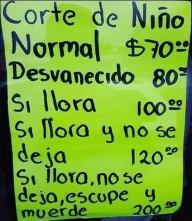 Cartel de estética con lista de precios de corte infantil que aumentan según el comportamiento del menor.