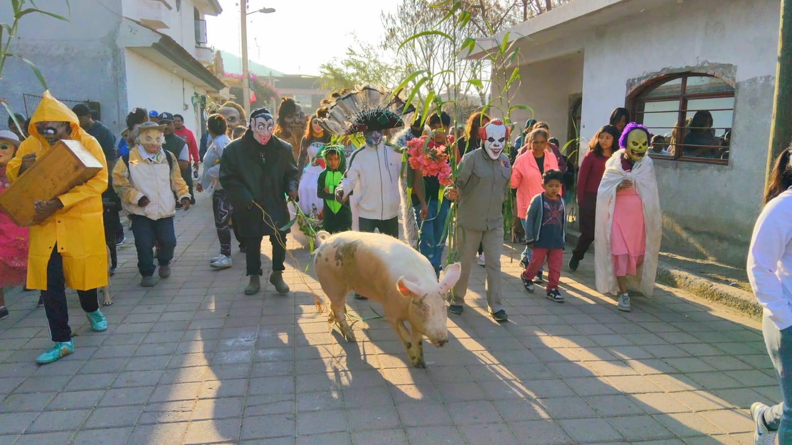 Habitantes de San Juan Huiluco participan en la tradicional Paseada del Marranito, acompañados de bandas de viento y personajes del Carnaval.