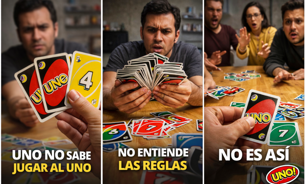 Personas jugando UNO con gestos de sorpresa mientras sostienen cartas del juego, ilustrando la confusión por las reglas oficiales.