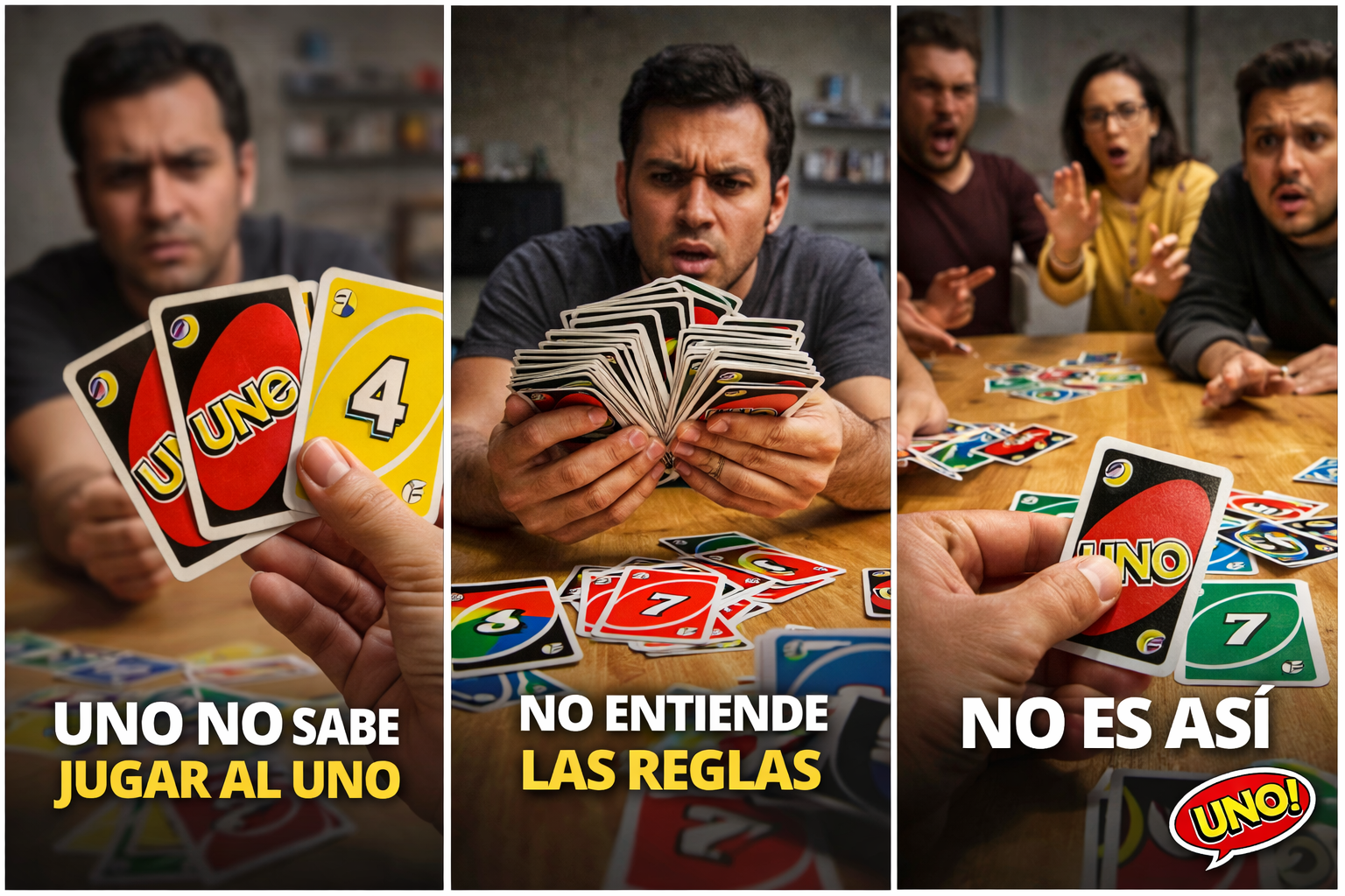 Personas jugando UNO con gestos de sorpresa mientras sostienen cartas del juego, ilustrando la confusión por las reglas oficiales.