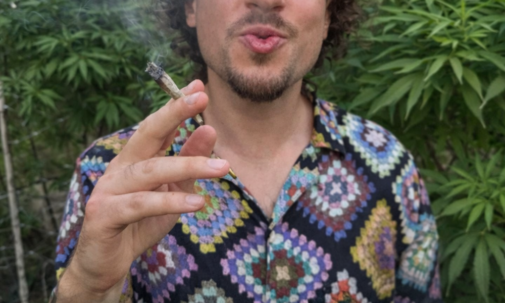 Creador de contenido fumando cannabis en un plantío, imagen reutilizada en redes como meme para criticar declaraciones sobre la violencia en México.