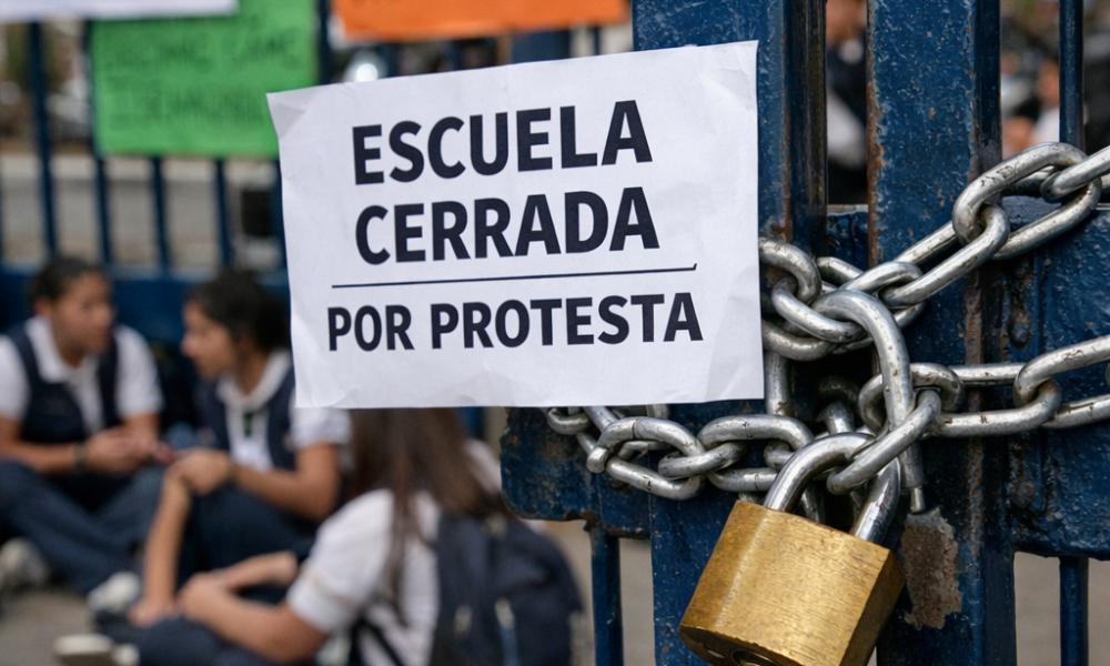 Acceso cerrado con cadenas y candados en una escuela primaria de Atlixco durante protesta de padres de familia.