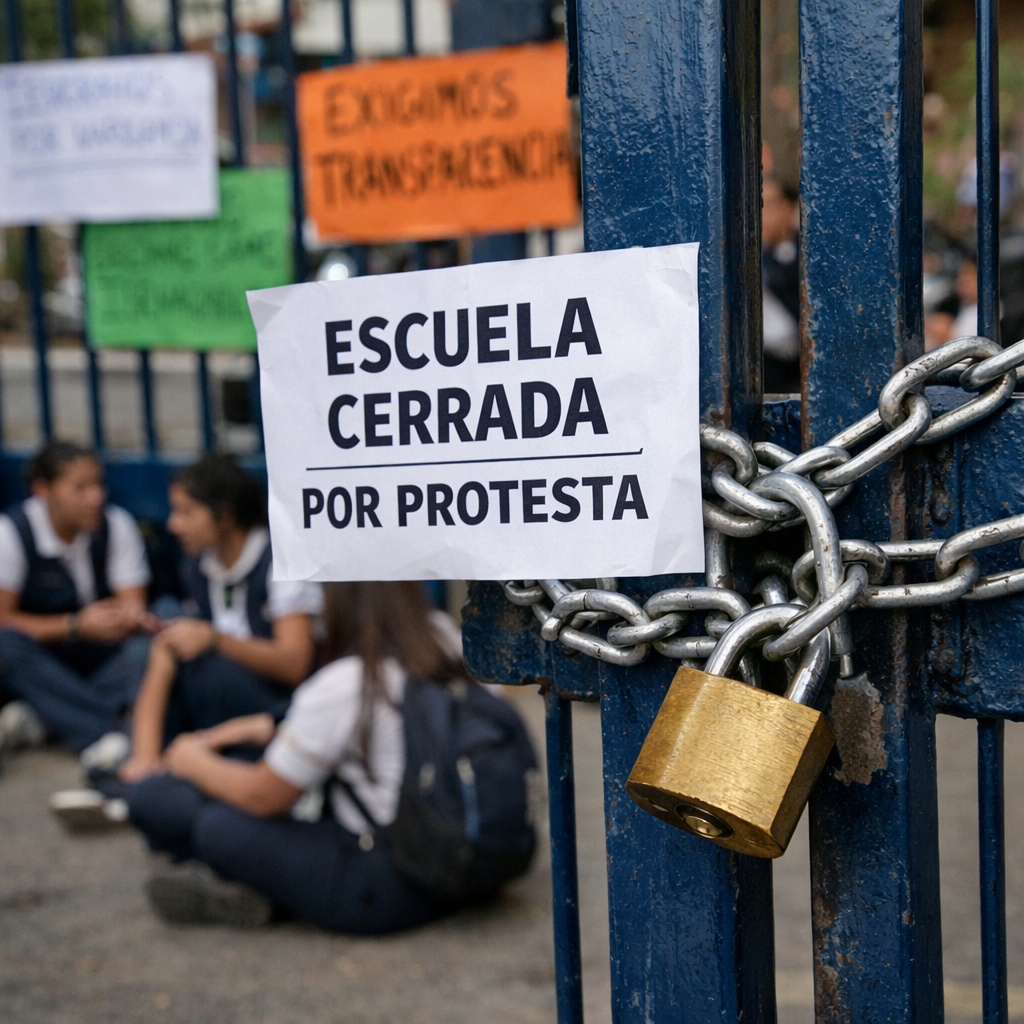 Acceso cerrado con cadenas y candados en una escuela primaria de Atlixco durante protesta de padres de familia.