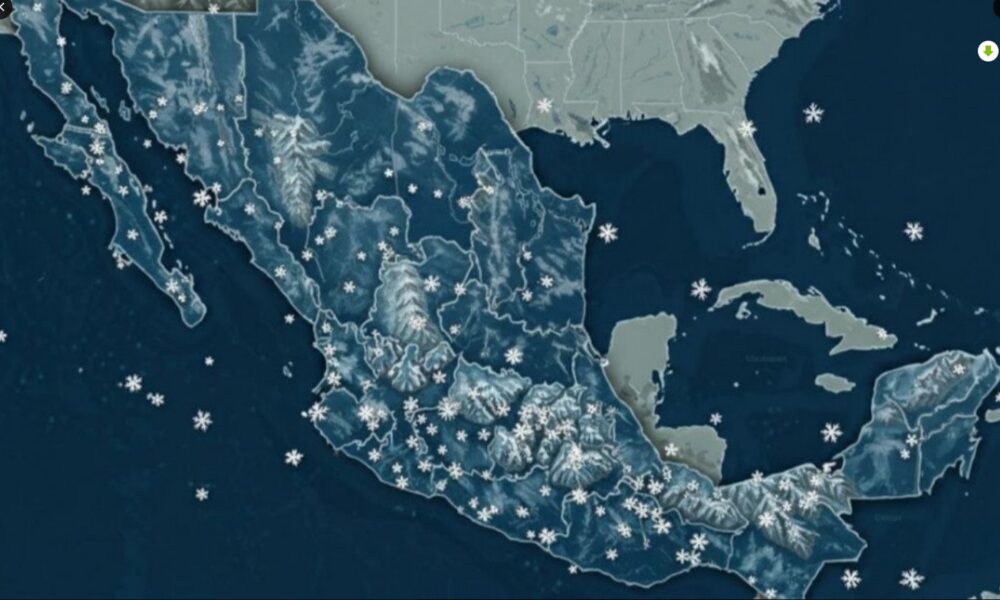 Mapa de México con símbolos de frío extremo y heladas por el frente frío 32.