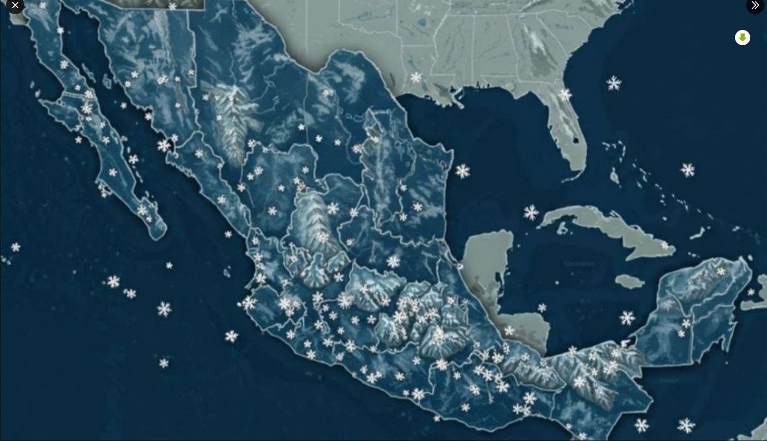 Mapa de México con símbolos de frío extremo y heladas por el frente frío 32.