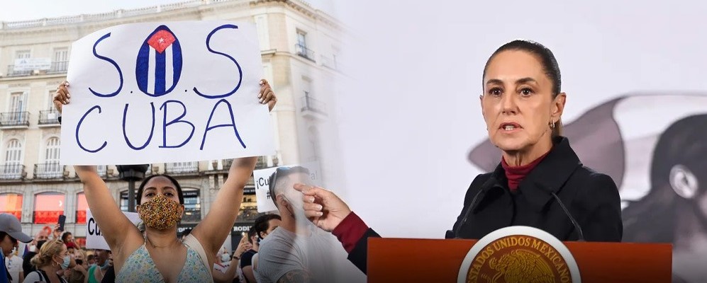 Protesta con cartel SOS Cuba y anuncio de ayuda humanitaria por parte del gobierno de México.