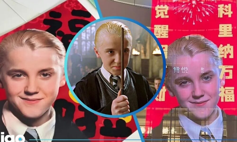 Decoraciones del Año Nuevo Lunar chino con el rostro de Draco Malfoy asociado al Año del Caballo.