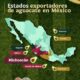 Mapa de México que muestra los estados exportadores de aguacate, destacando Michoacán, Jalisco y Puebla.