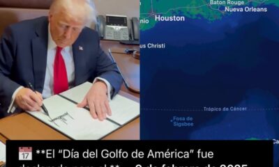 Presidente de Estados Unidos firmando un documento oficial junto a un mapa del Golfo de México