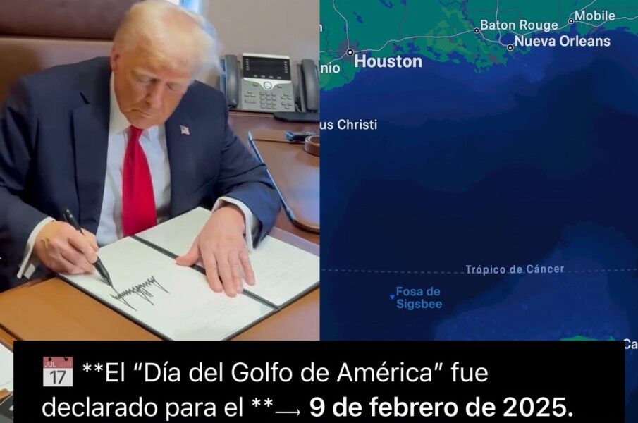 Presidente de Estados Unidos firmando un documento oficial junto a un mapa del Golfo de México