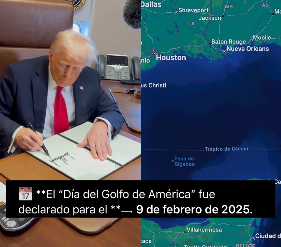 Presidente de Estados Unidos firmando un documento oficial junto a un mapa del Golfo de México