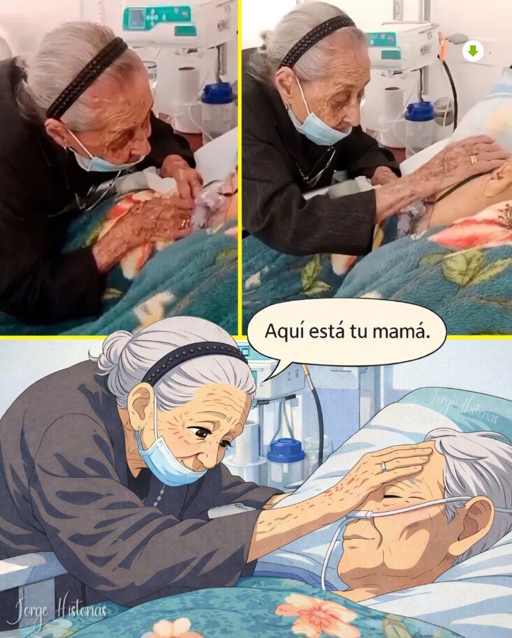 Madre adulta mayor acaricia a su hijo hospitalizado como muestra de amor y acompañamiento.