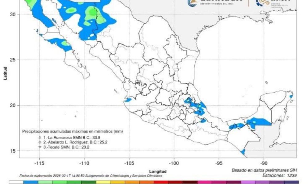Mapa de precipitaciones acumuladas en México por el Frente Frío 36, con lluvias en Puebla y vientos intensos en regiones clave.
