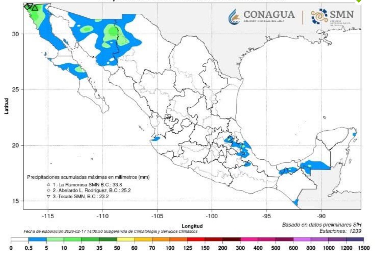 Mapa de precipitaciones acumuladas en México por el Frente Frío 36, con lluvias en Puebla y vientos intensos en regiones clave.