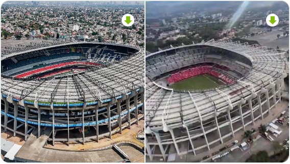 Vista aérea comparativa del Estadio Azteca antes y durante su proceso de remodelación rumbo al Mundial.