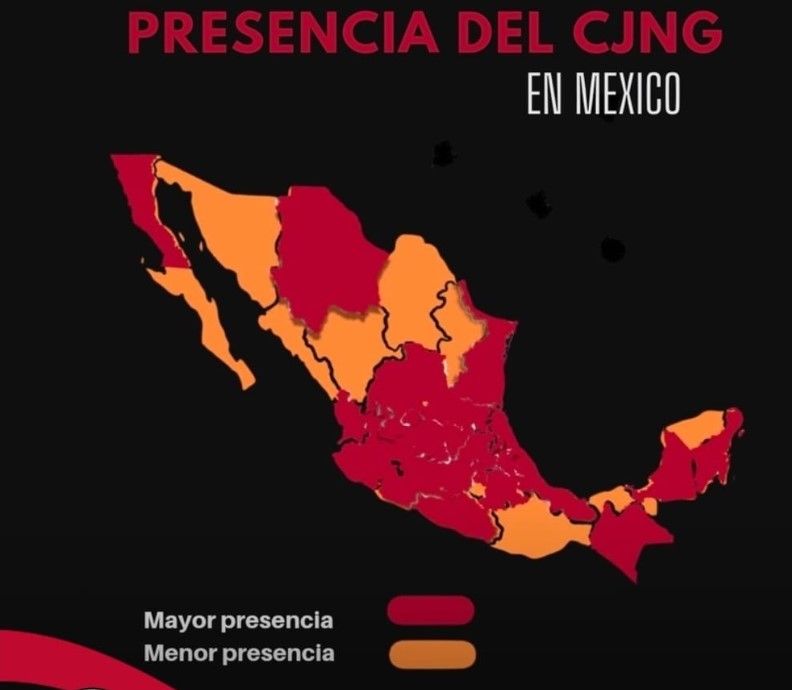 Mapa de México que muestra niveles de presencia del CJNG por entidad, con mayor y menor intensidad señaladas por colores.