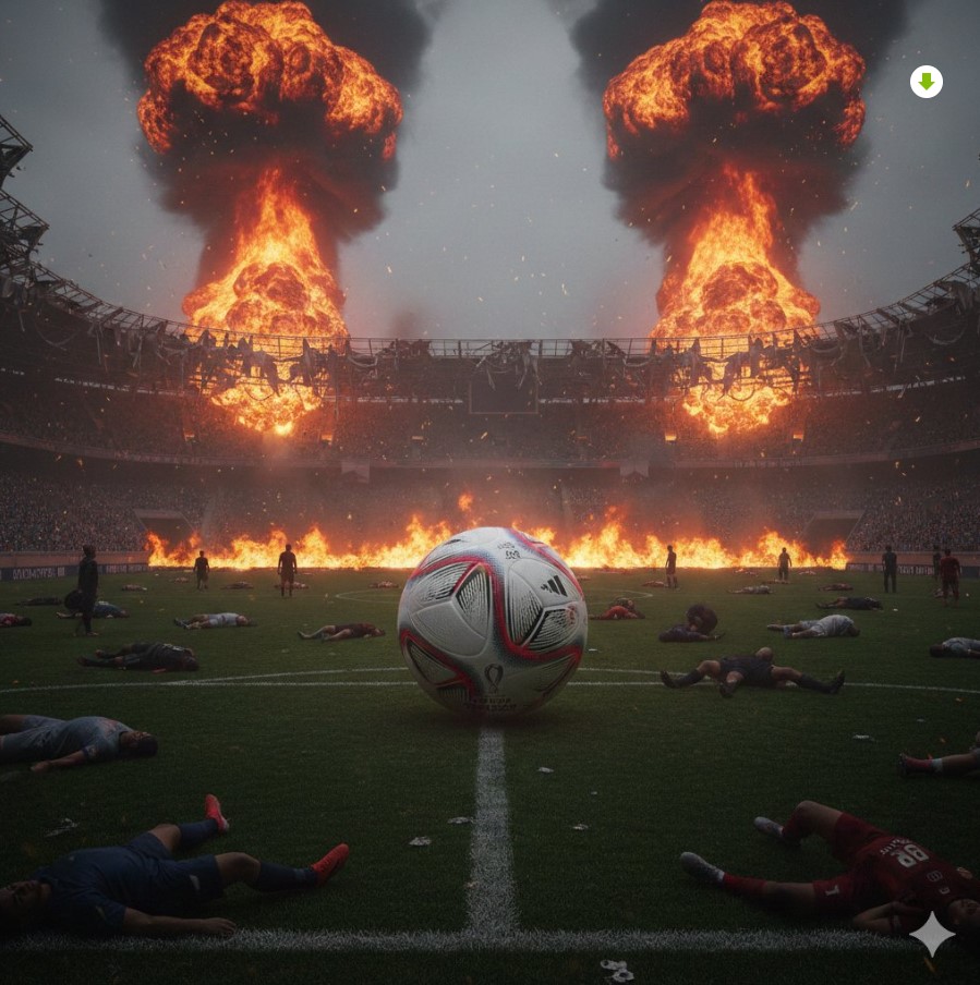 Imagen conceptual de un estadio con explosiones y un balón al centro, ilustrando tensión y debate sobre seguridad en eventos deportivos.
