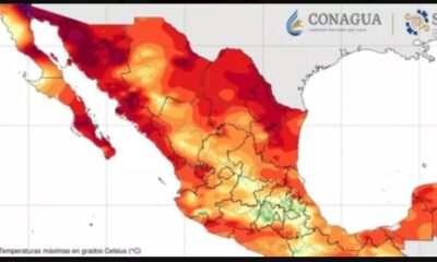 Mapa de México que muestra temperaturas máximas durante una onda de calor, con regiones que alcanzan hasta 45 grados Celsius según CONAGUA.