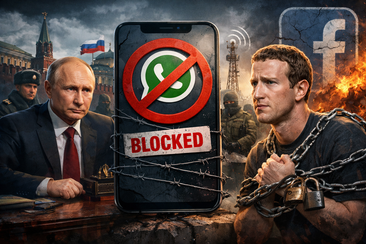 Ilustración conceptual de bloqueo de WhatsApp y redes sociales en un contexto de tensión geopolítica.