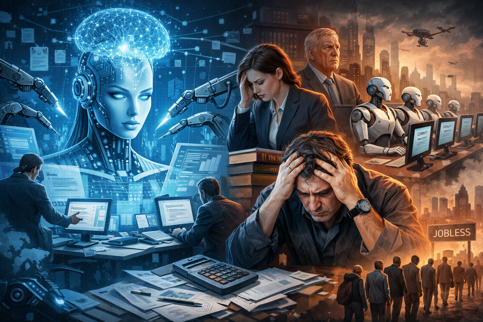 Ilustración conceptual del impacto de la Inteligencia Artificial en el empleo y la automatización de tareas profesionales.