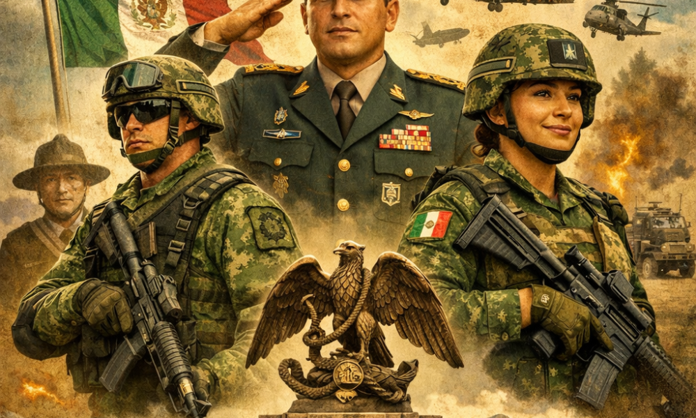 Conmemoración del Día del Ejército Mexicano por su 113 aniversario, con elementos representativos de las Fuerzas Armadas y la bandera nacional.