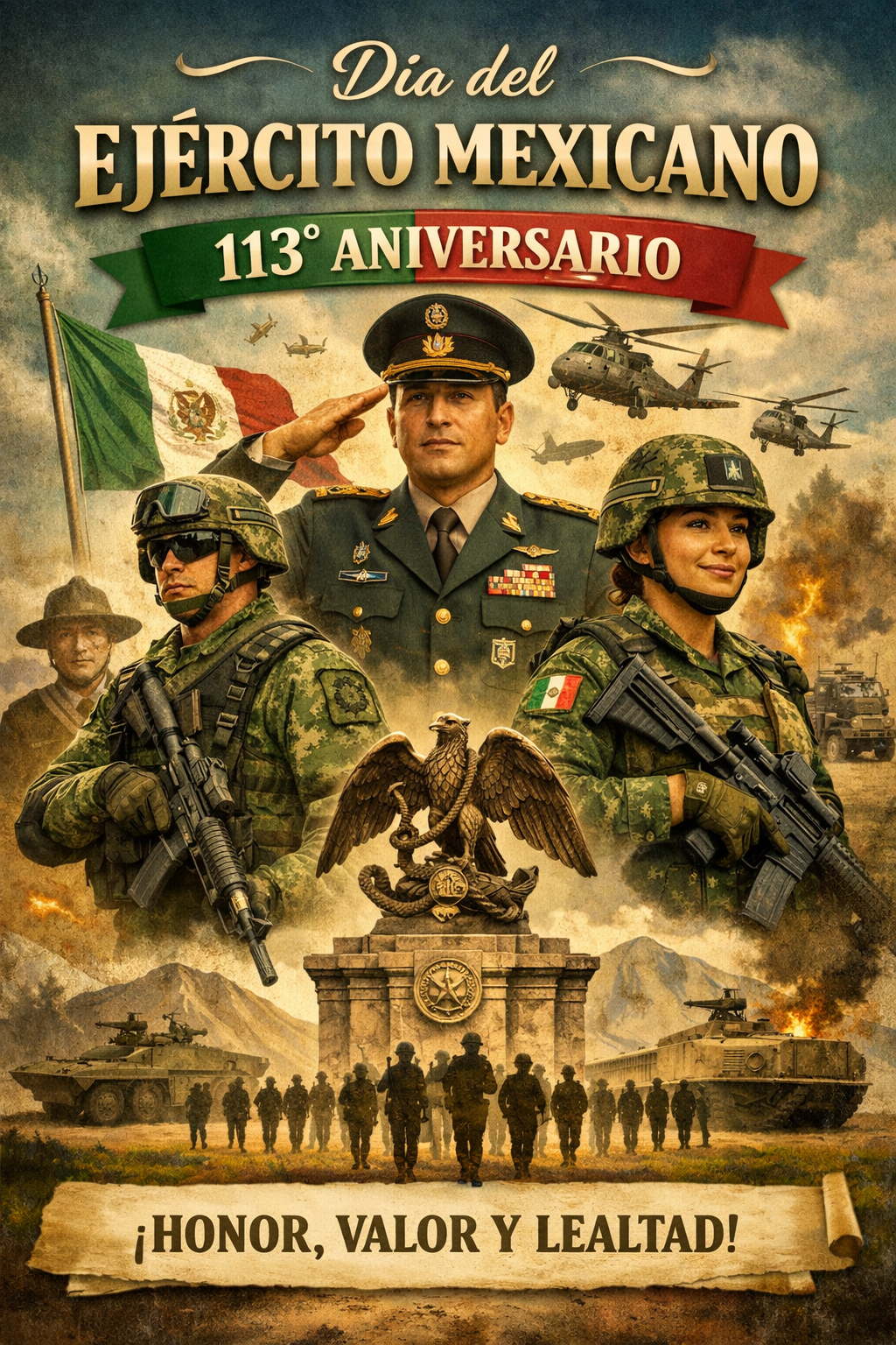 Conmemoración del Día del Ejército Mexicano por su 113 aniversario, con elementos representativos de las Fuerzas Armadas y la bandera nacional.