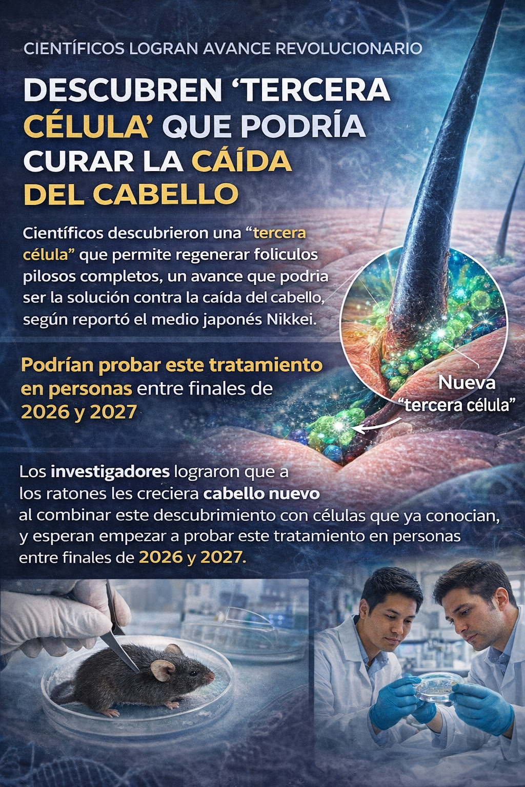 Ilustración científica del folículo piloso mostrando una tercera célula descubierta que permite regenerar cabello completo, según investigaciones recientes.