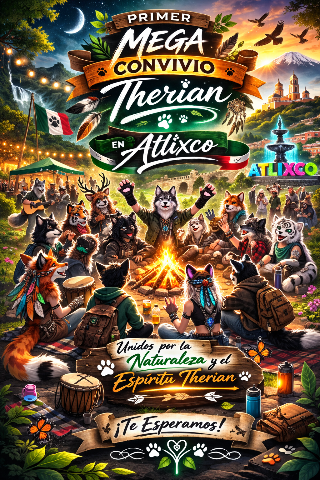 Imagen promocional del primer mega convivio therian convocado en Atlixco en el parque Colón, difundido en redes sociales.