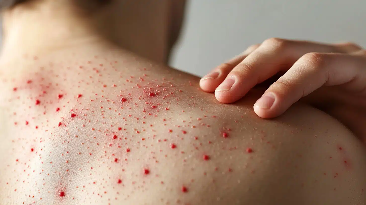 Erupción cutánea característica del sarampión en la espalda de una persona, síntoma común de la enfermedad.