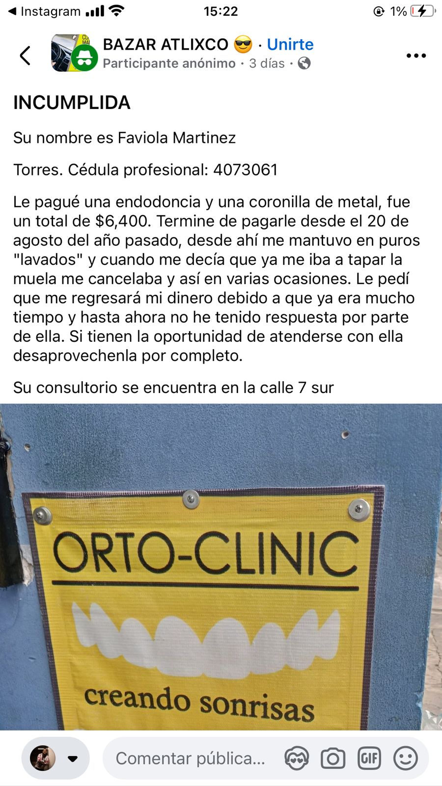 Anuncio de consultorio dental en Atlixco relacionado con denuncias en redes sociales