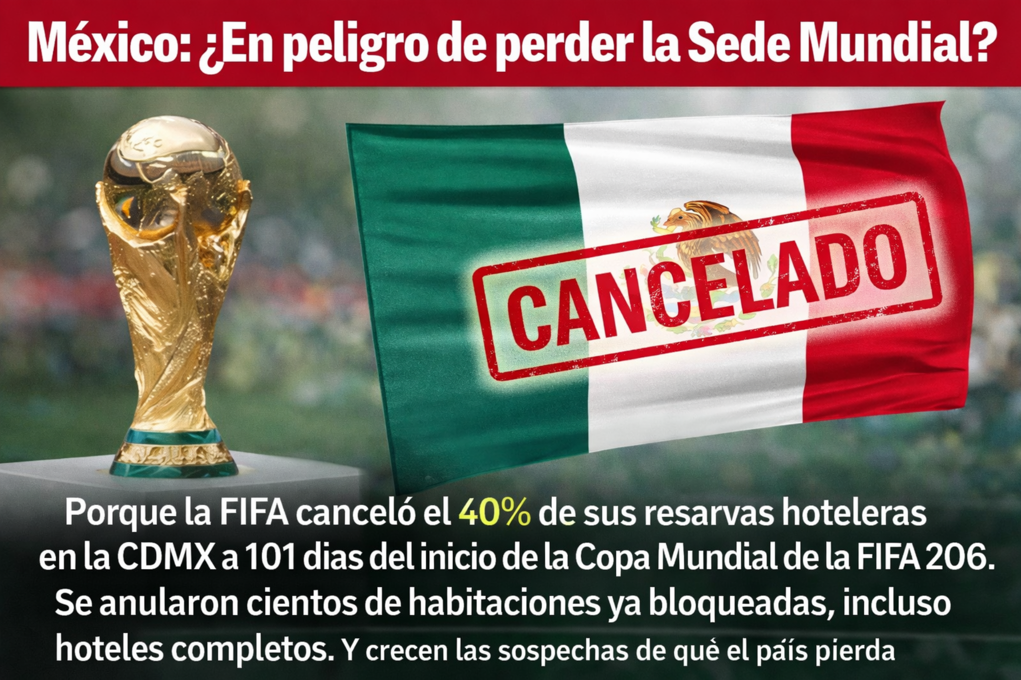 Imagen ilustrativa sobre rumores de cancelación de reservas hoteleras en México rumbo a la Copa Mundial de la FIFA 2026.