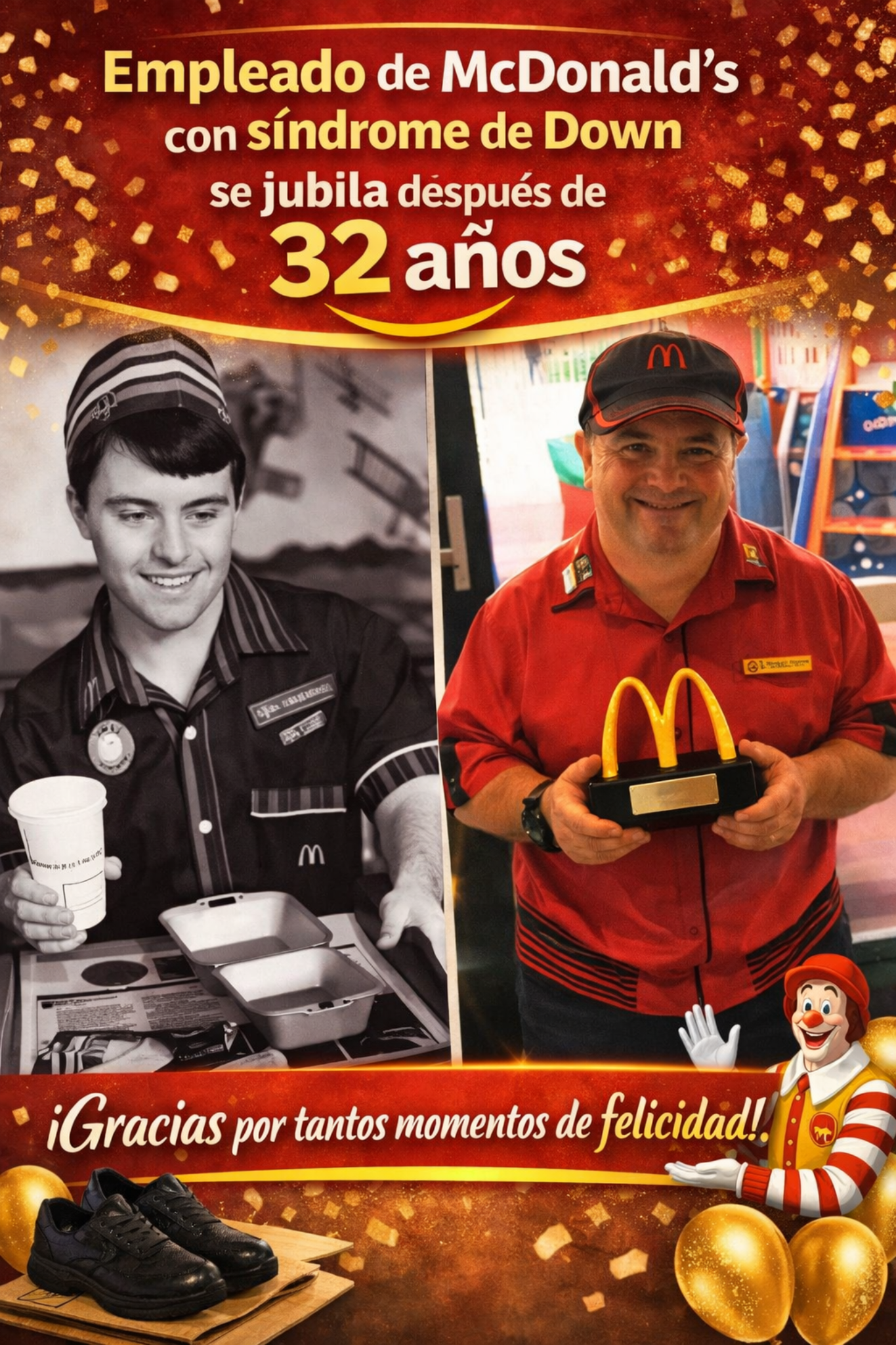Empleado con síndrome de Down de McDonald’s se jubila tras 32 años de trabajo y recibe reconocimiento por su trayectoria.