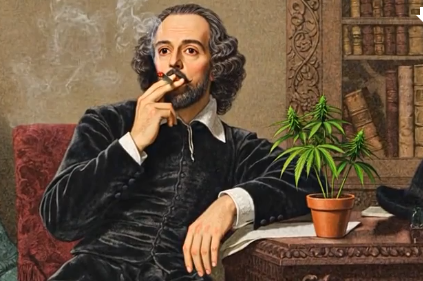 Ilustración de William Shakespeare fumando una pipa junto a una planta de cannabis, relacionada con investigaciones sobre residuos hallados en pipas del siglo XVI.