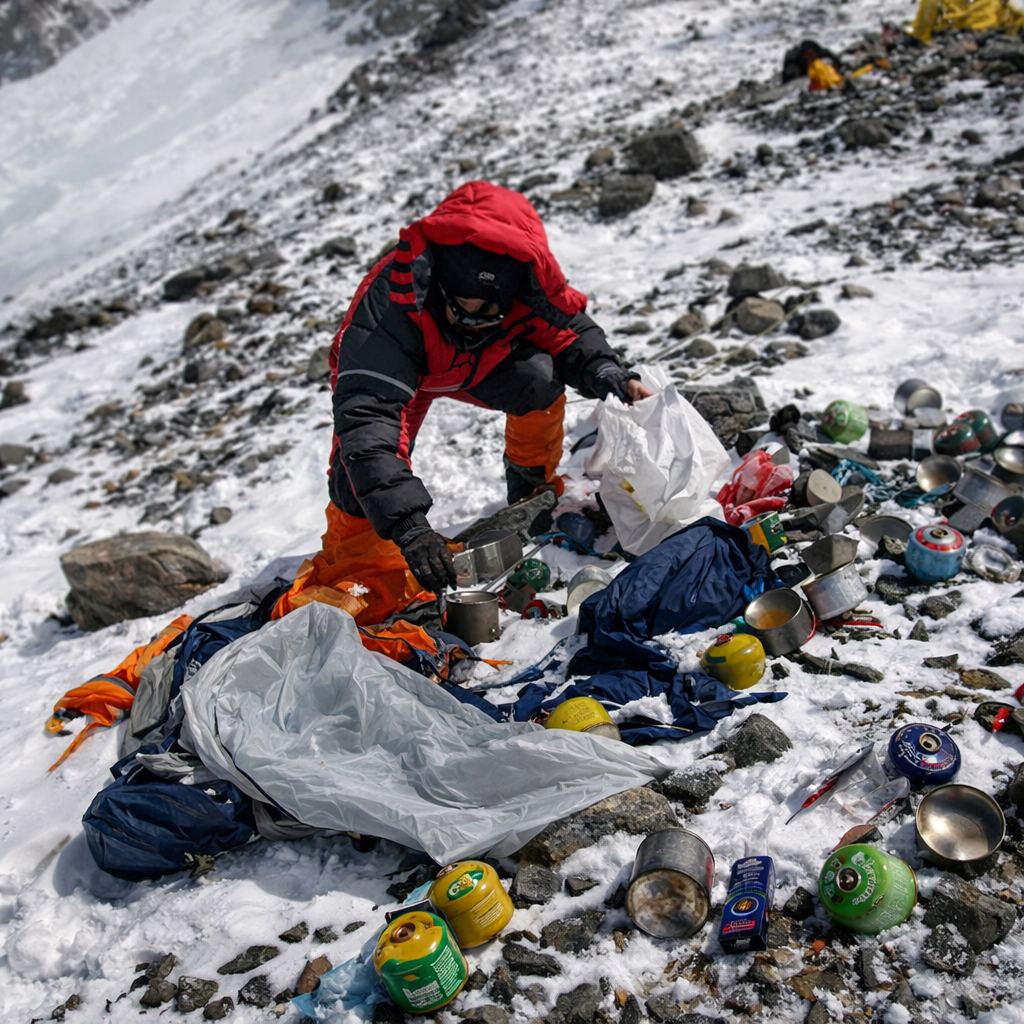 Escalador recolectando basura en el Monte Everest durante expedición en condiciones extremas de nieve