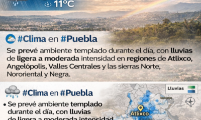 Pronóstico del clima en Puebla con temperatura de 16°C y lluvias previstas en Atlixco, Angelópolis y regiones serranas del estado.