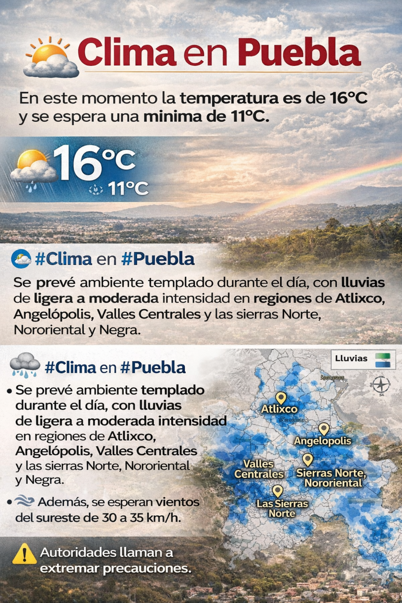 Pronóstico del clima en Puebla con temperatura de 16°C y lluvias previstas en Atlixco, Angelópolis y regiones serranas del estado.