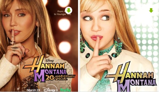 Póster del especial por el 20 aniversario de Hannah Montana comparado con el póster original de la serie.