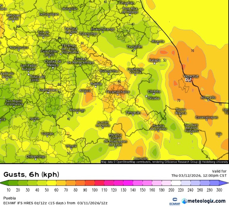 Mapa meteorológico de ráfagas de viento en Puebla por frente frío 40
