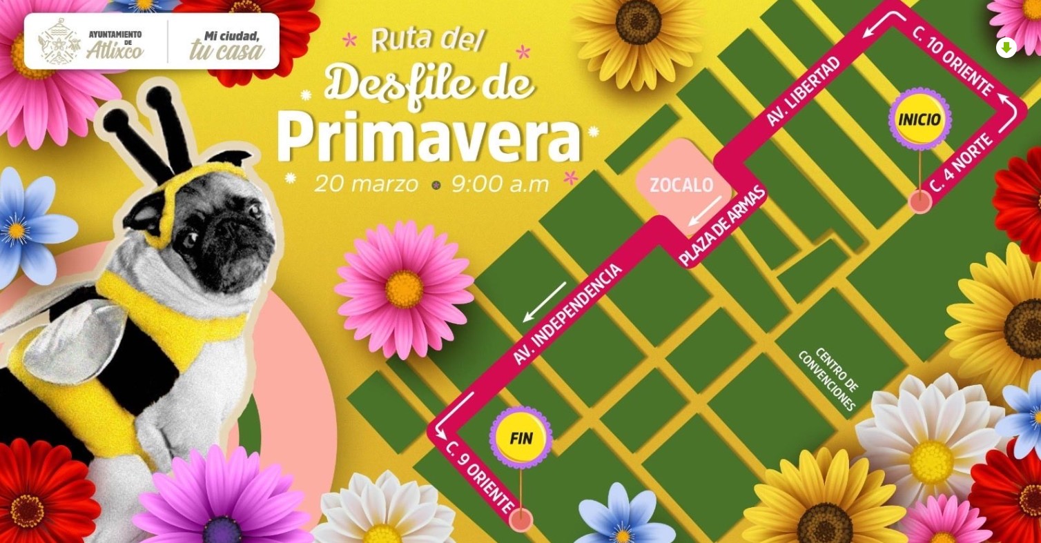 Mapa de la ruta del Desfile de Primavera 2026 en Atlixco con calles principales y puntos de inicio y fin