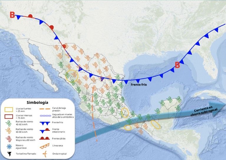 Mapa meteorológico del frente frío 42 en México mostrando su impacto en Puebla con lluvias, viento y descenso térmico