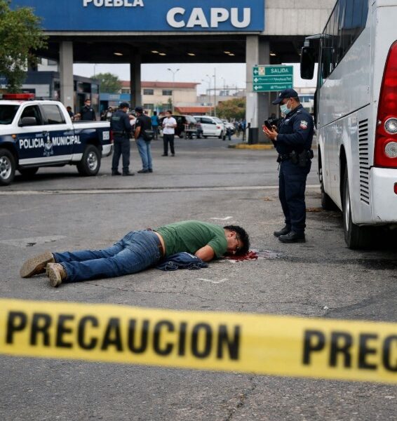Zona acordonada en la CAPU Puebla tras fallecimiento de hombre al bajar de autobús con presencia de policías