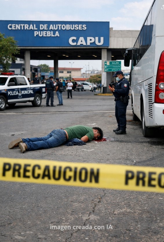 Zona acordonada en la CAPU Puebla tras fallecimiento de hombre al bajar de autobús con presencia de policías