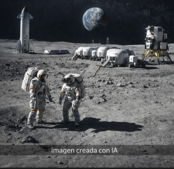 Astronautas en superficie lunar con módulos habitacionales representando futura base de la NASA en la Luna