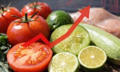 Alimentos como jitomate, limón y calabacita con flecha ascendente representando aumento de precios por inflación en México