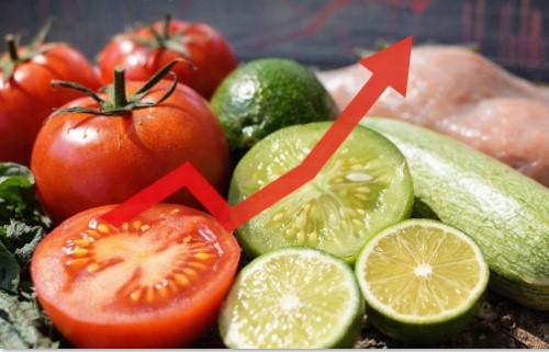 Alimentos como jitomate, limón y calabacita con flecha ascendente representando aumento de precios por inflación en México