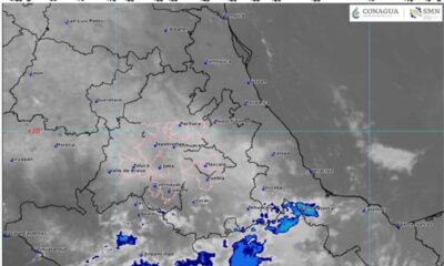 Mapa meteorológico de Puebla con lluvias en Tehuacán-Sierra Negra y bancos de niebla en Valle Serdán.