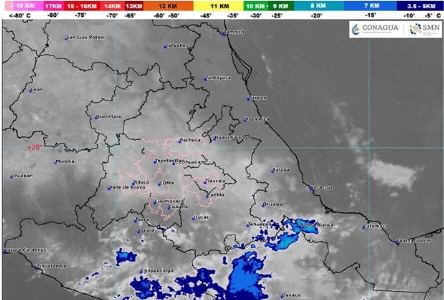 Mapa meteorológico de Puebla con lluvias en Tehuacán-Sierra Negra y bancos de niebla en Valle Serdán.