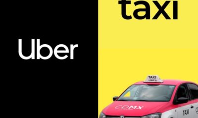 Logos de Uber y MX Taxi junto a un taxi de Ciudad de México representando alianza de transporte.
