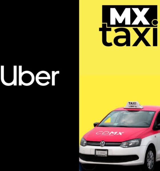 Logos de Uber y MX Taxi junto a un taxi de Ciudad de México representando alianza de transporte.