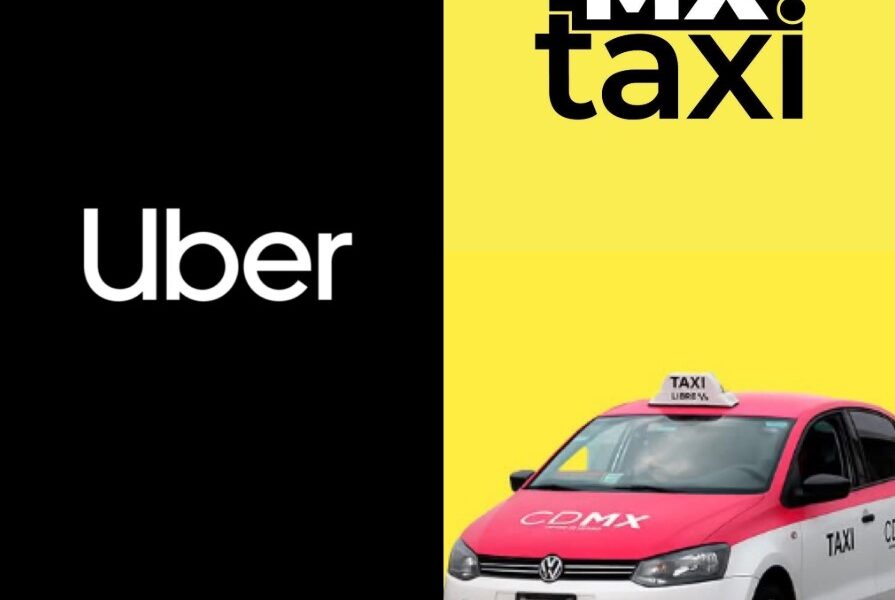 Logos de Uber y MX Taxi junto a un taxi de Ciudad de México representando alianza de transporte.